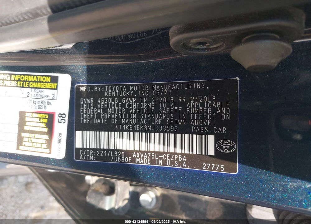 2021 TOYOTA CAMRY VIN: 4T1K61BK8MU033592