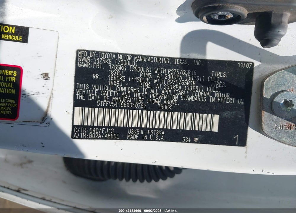 2008 TOYOTA TUNDRA SR5 5.7L V8 VIN: 5TFEV54198X040782
