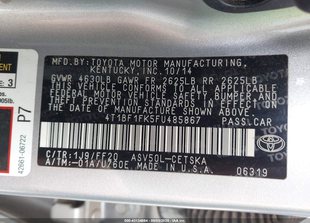 2015 TOYOTA CAMRY VIN: 4T1BF1FK5FU485867