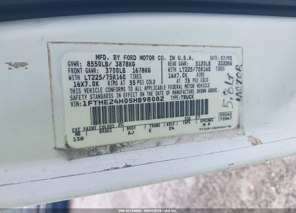1995 FORD ECONOLINE E250 VAN VIN: 1FTHE24H0SHB98082