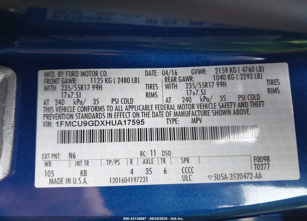 2017 FORD ESCAPE VIN: 1FMCU9GDXHUA17595