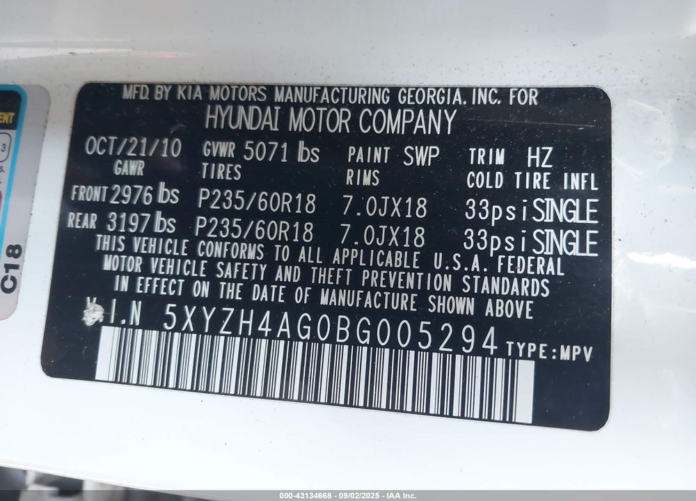 2011 HYUNDAI SANTA FE VIN: 5XYZH4AG0BG005294