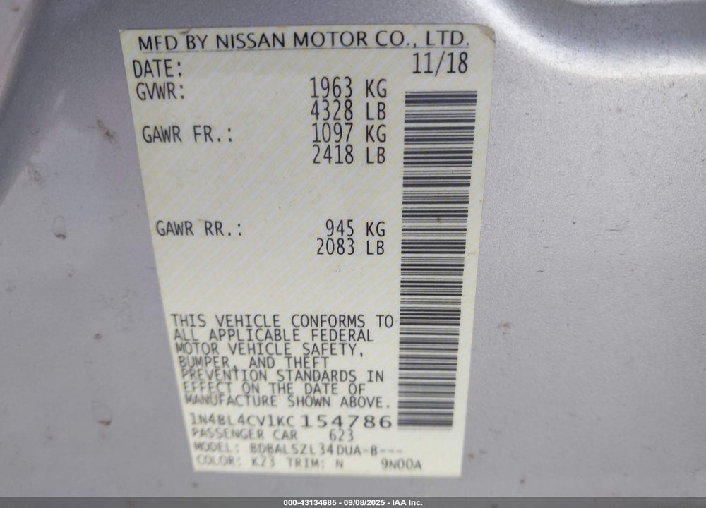 2019 NISSAN ALTIMA 2.5 SR VIN: 1N4BL4CV1KC154786