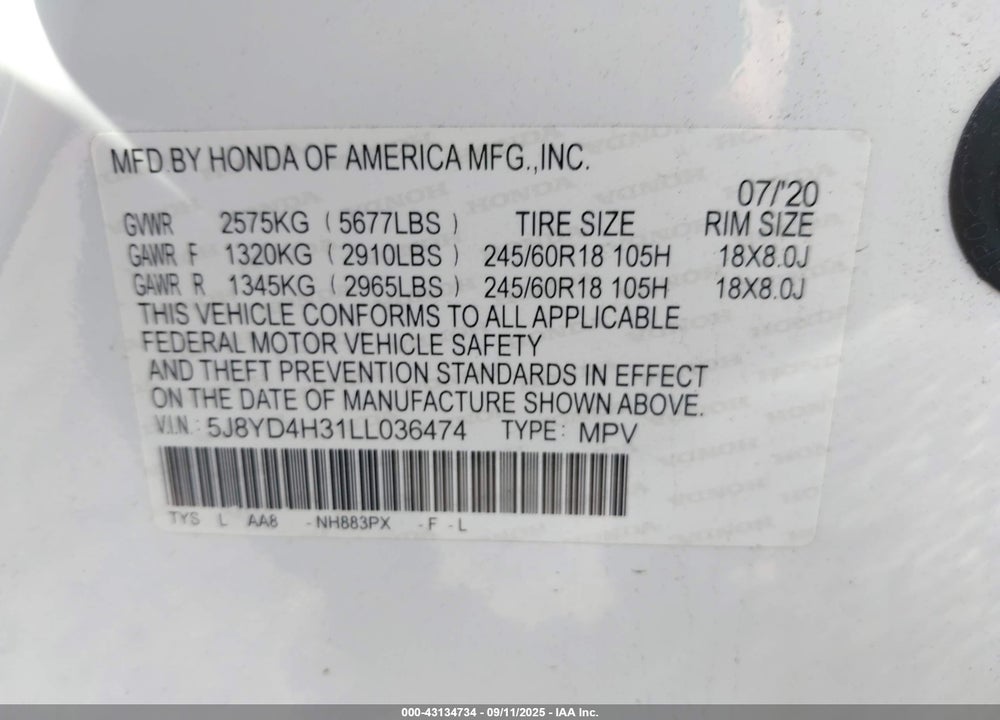 2020 ACURA MDX VIN: 5J8YD4H31LL036474