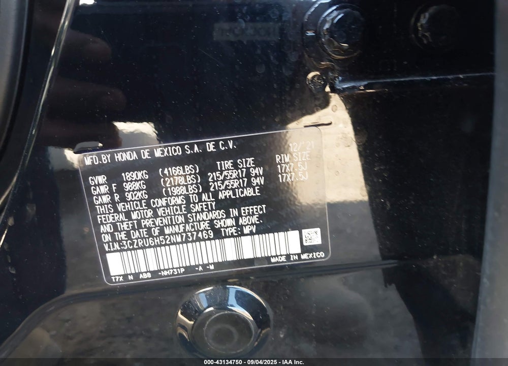 2022 HONDA HR-V VIN: 3CZRU6H52NM737469