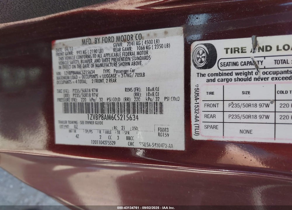 2012 FORD MUSTANG VIN: 1ZVBP8AM6C5215634