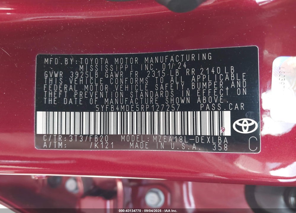 2024 TOYOTA COROLLA VIN: 5YFB4MDE5RP127257