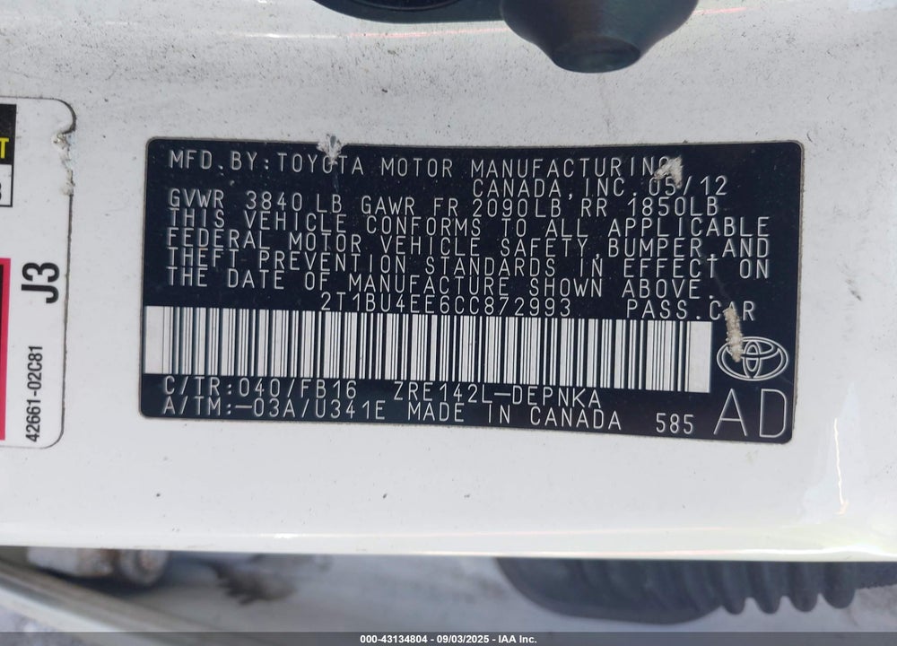 2012 TOYOTA COROLLA VIN: 2T1BU4EE6CC872993