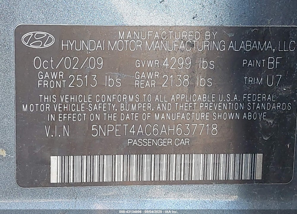 2010 HYUNDAI SONATA GLS VIN: 5NPET4AC6AH637718