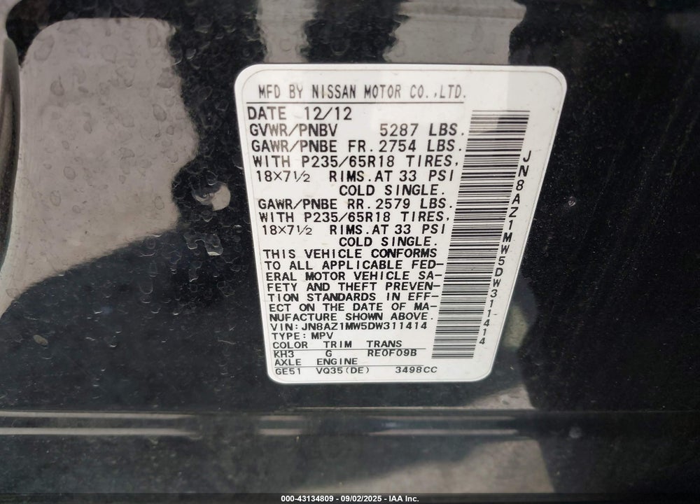 2013 NISSAN MURANO SV VIN: JN8AZ1MW5DW311414