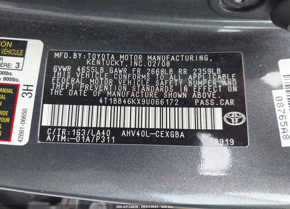 2009 TOYOTA CAMRY HYBRID VIN: 4T1BB46KX9U066172