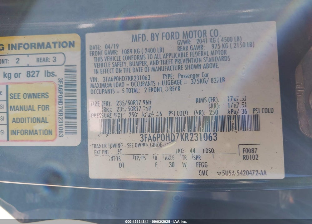 2019 FORD FUSION VIN: 3FA6P0HD7KR231063