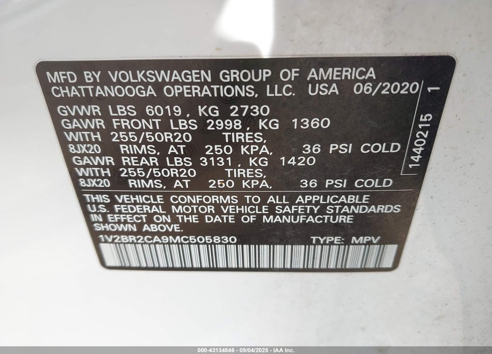 2021 VOLKSWAGEN ATLAS VIN: 1V2BR2CA9MC505830