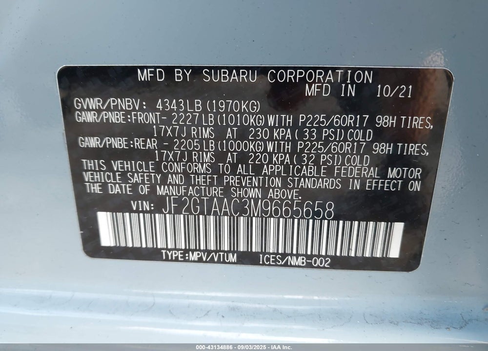 2021 SUBARU CROSSTREK VIN: JF2GTAAC3M9665658