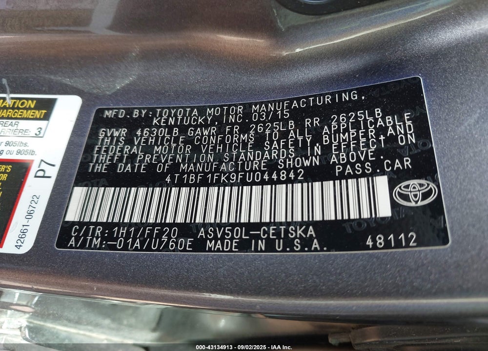 2015 TOYOTA CAMRY SE VIN: 4T1BF1FK9FU044842