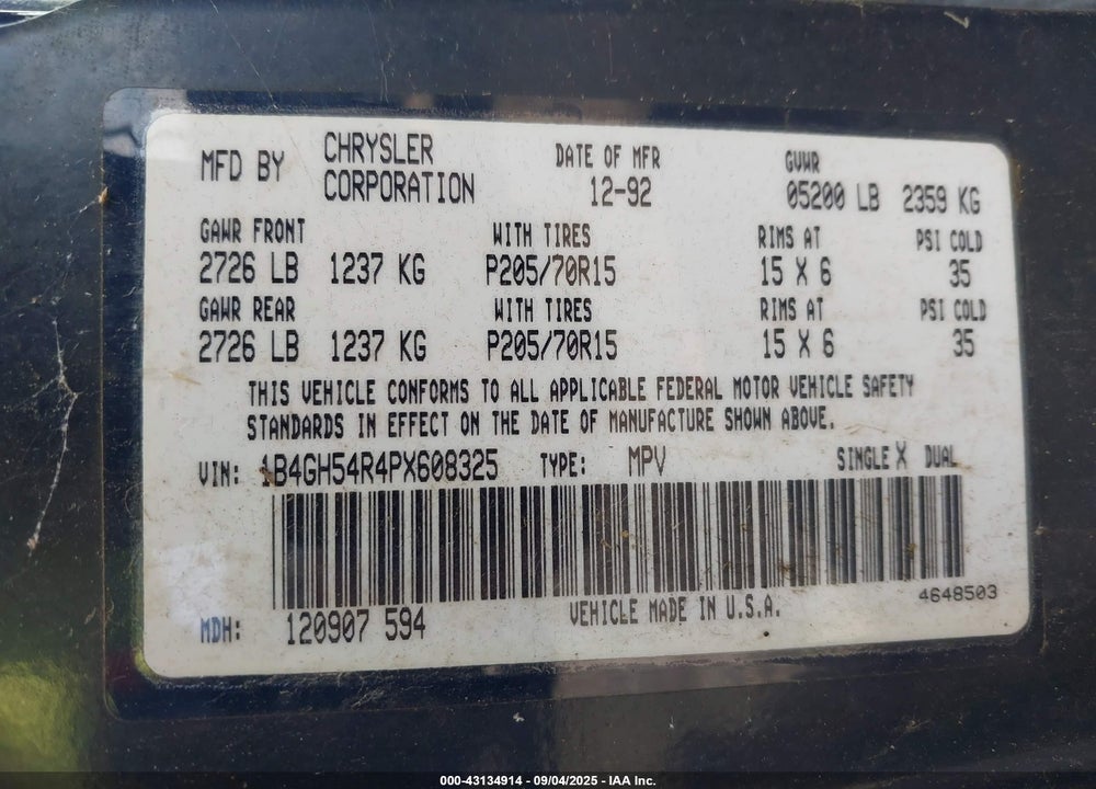 1993 DODGE GRAND CARAVAN LE/ES VIN: 1B4GH54R4PX608325