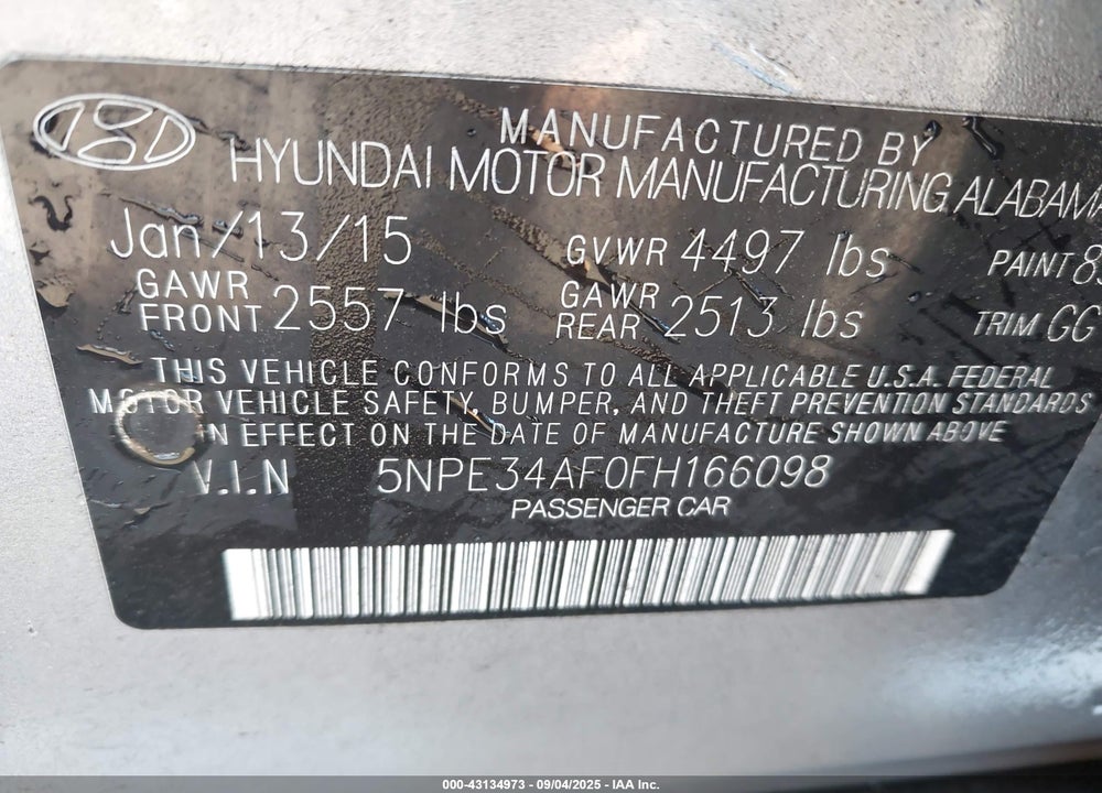 2015 HYUNDAI SONATA VIN: 5NPE34AF0FH166098