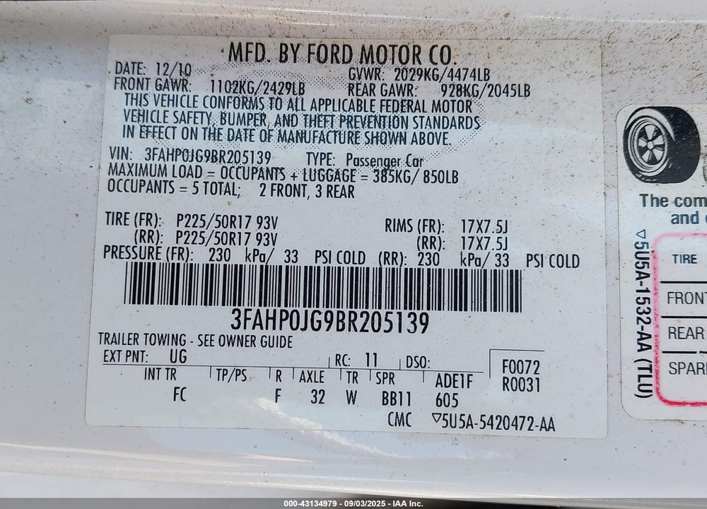 2011 FORD FUSION VIN: 3FAHP0JG9BR205139