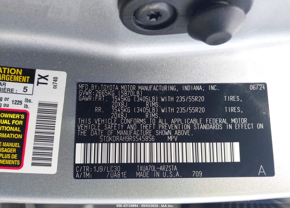 2024 TOYOTA HIGHLANDER VIN: 5TDKDRAH9RS545856