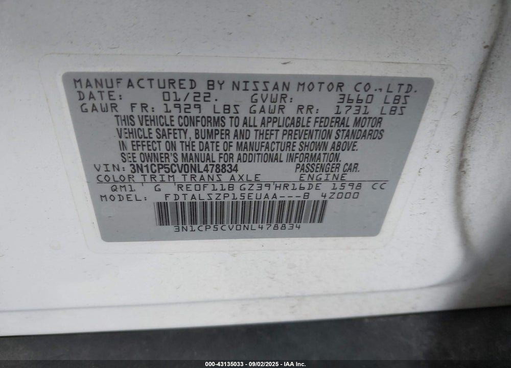 2022 NISSAN KICKS SV XTRONIC CVT VIN: 3N1CP5CV0NL478834