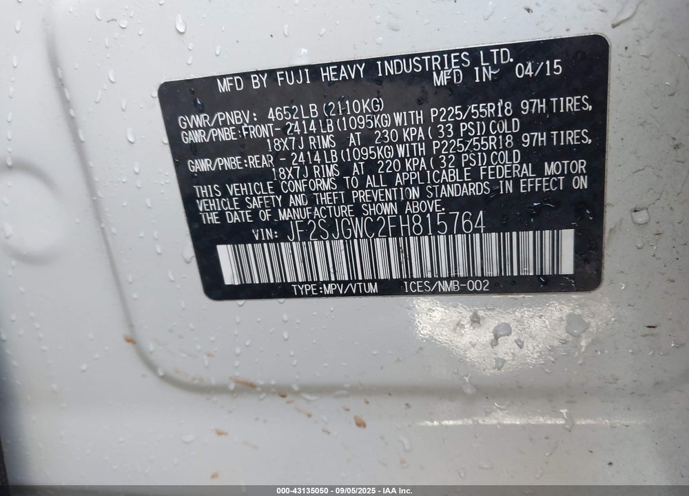 2015 SUBARU FORESTER 2.0XT TOURING VIN: JF2SJGWC2FH815764