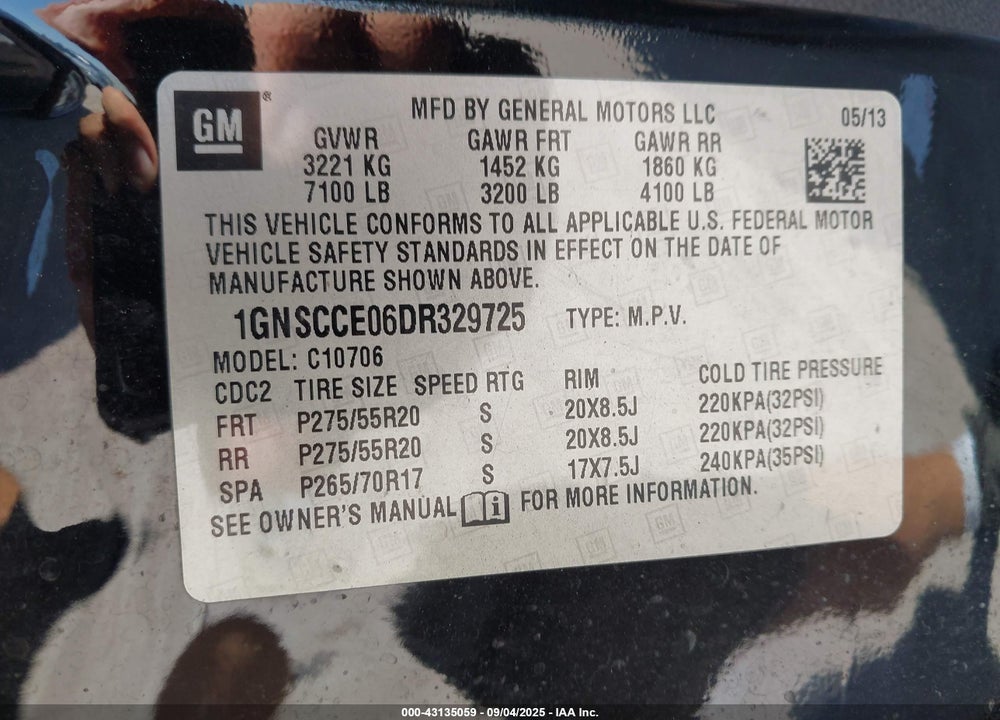 2013 CHEVROLET TAHOE LTZ VIN: 1GNSCCE06DR329725