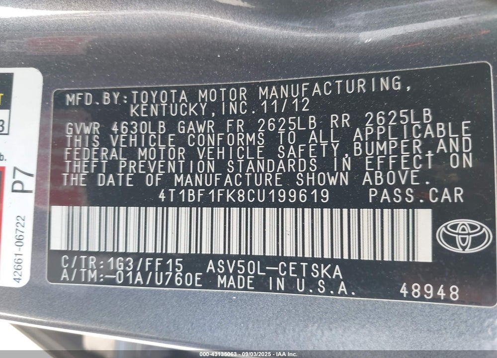 2012 TOYOTA CAMRY VIN: 4T1BF1FK8CU199619