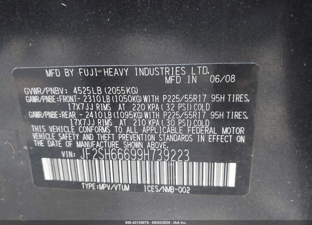 2009 SUBARU FORESTER VIN: JF2SH66699H739223