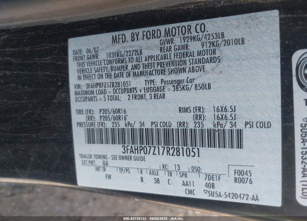 2007 FORD FUSION VIN: 3FAHP07Z17R281051