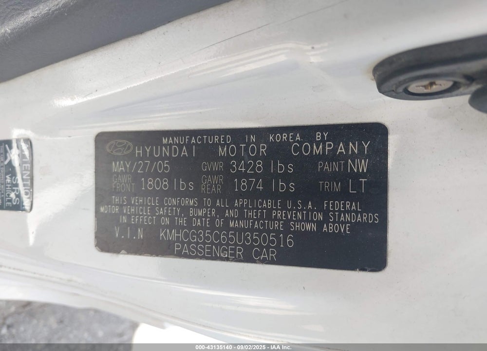 2005 HYUNDAI ACCENT VIN: KMHCG35C65U350516