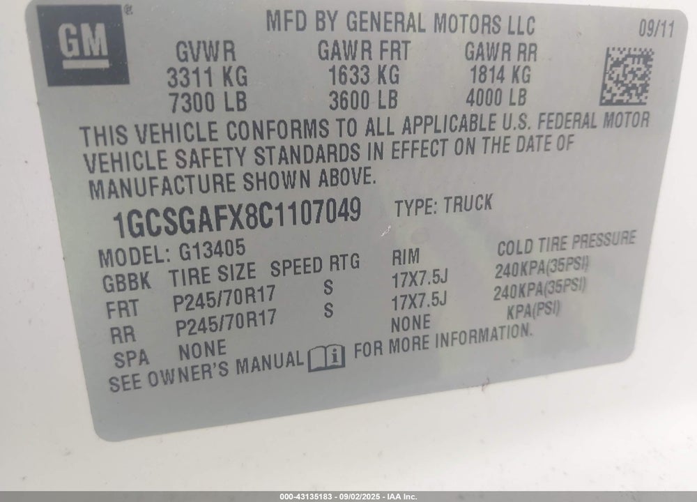 2012 CHEVROLET EXPRESS 1500 WORK VAN VIN: 1GCSGAFX8C1107049