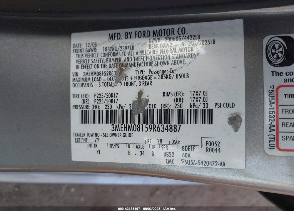 2009 MERCURY MILAN VIN: 3MEHM08159R634887