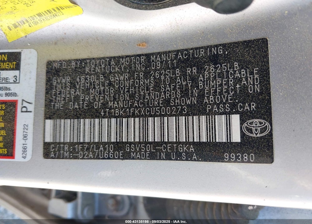 2012 TOYOTA CAMRY VIN: 4T1BK1FKXCU500273