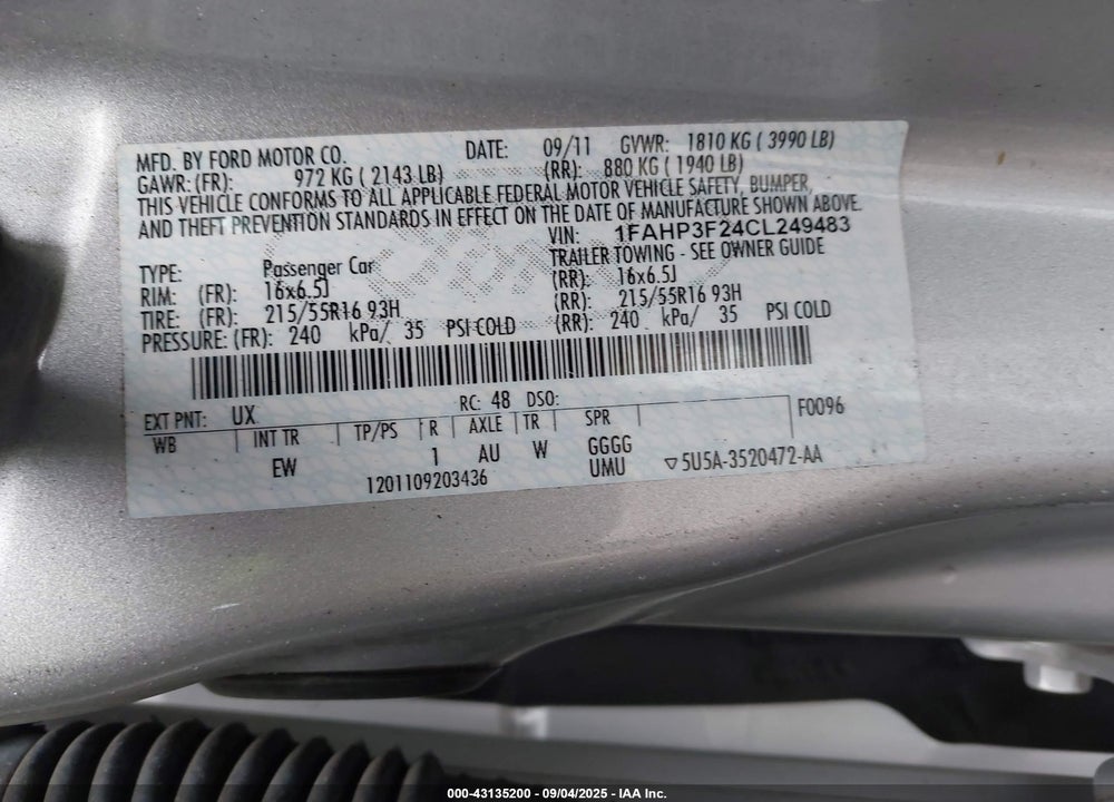 2012 FORD FOCUS VIN: 1FAHP3F24CL249483