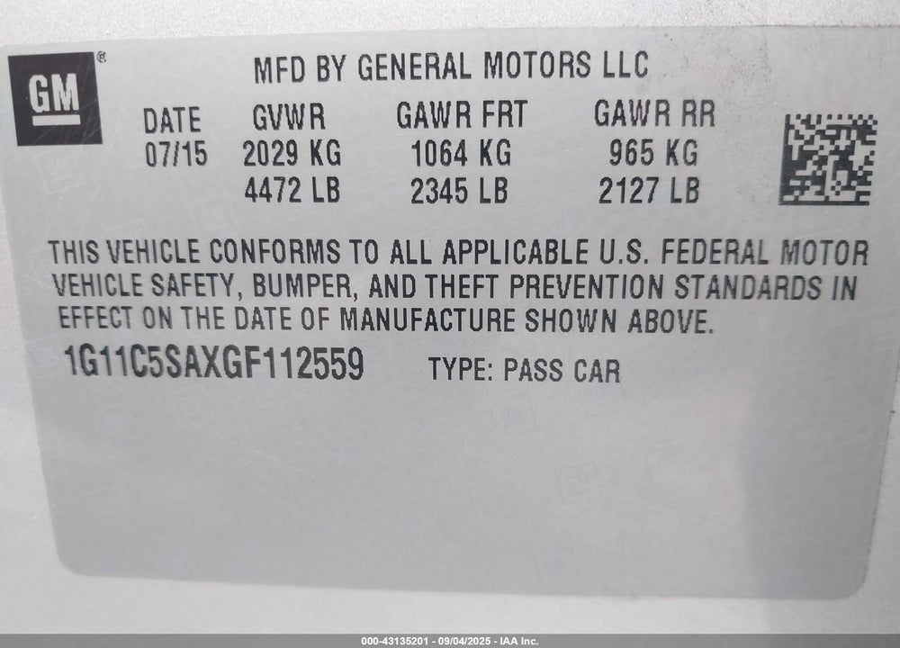 2016 CHEVROLET MALIBU LIMITED VIN: 1G11C5SAXGF112559