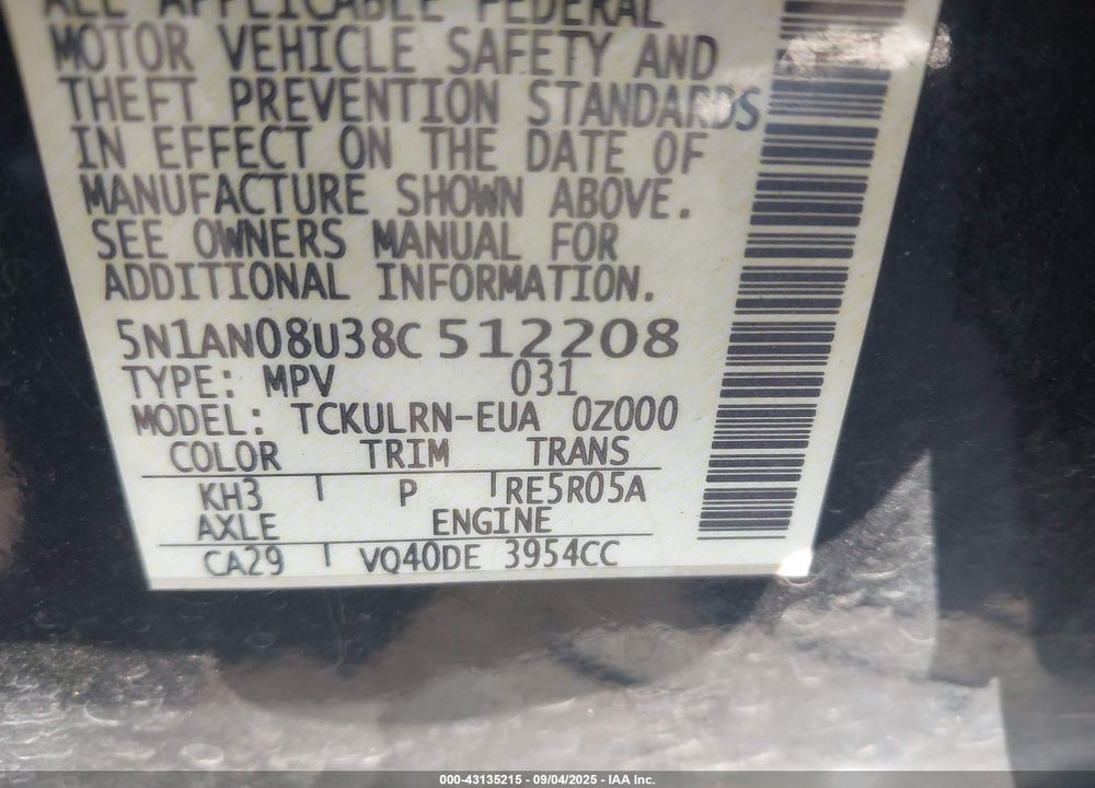 2008 NISSAN XTERRA S VIN: 5N1AN08U38C512208