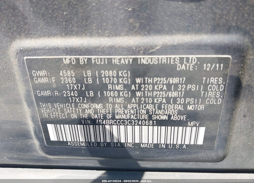2012 SUBARU OUTBACK VIN: 4S4BRCCC3C3240681
