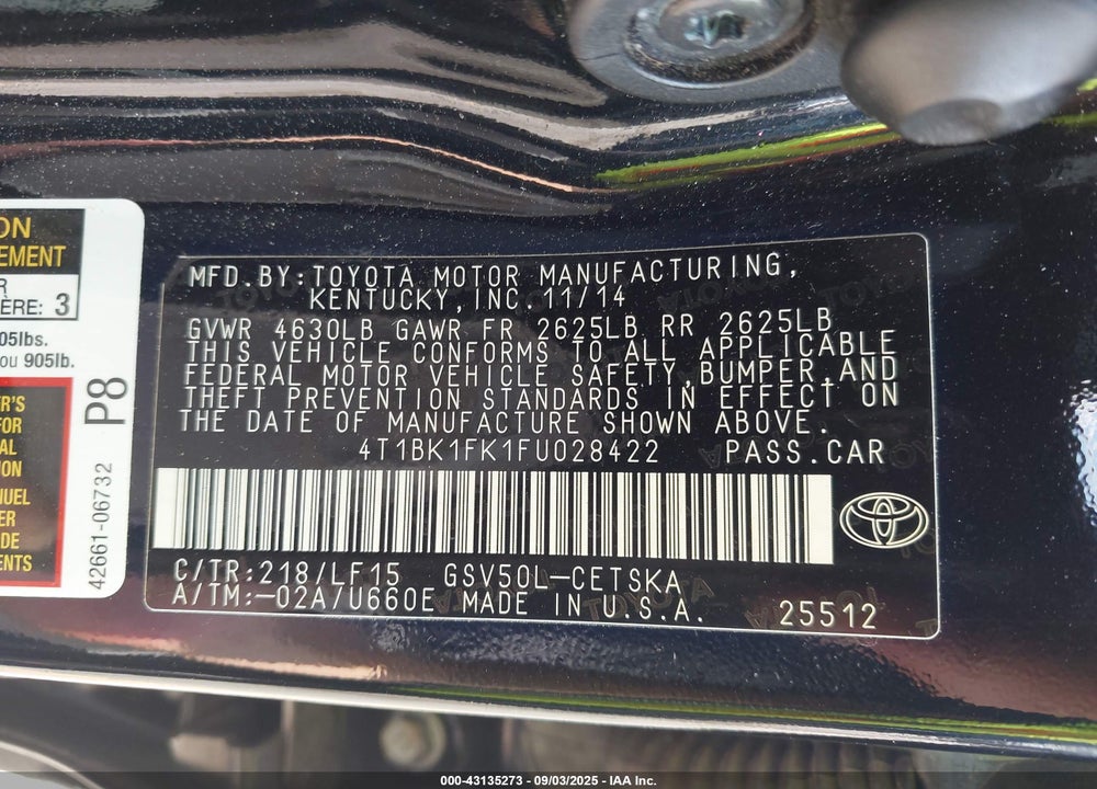 2015 TOYOTA CAMRY VIN: 4T1BK1FK1FU028422