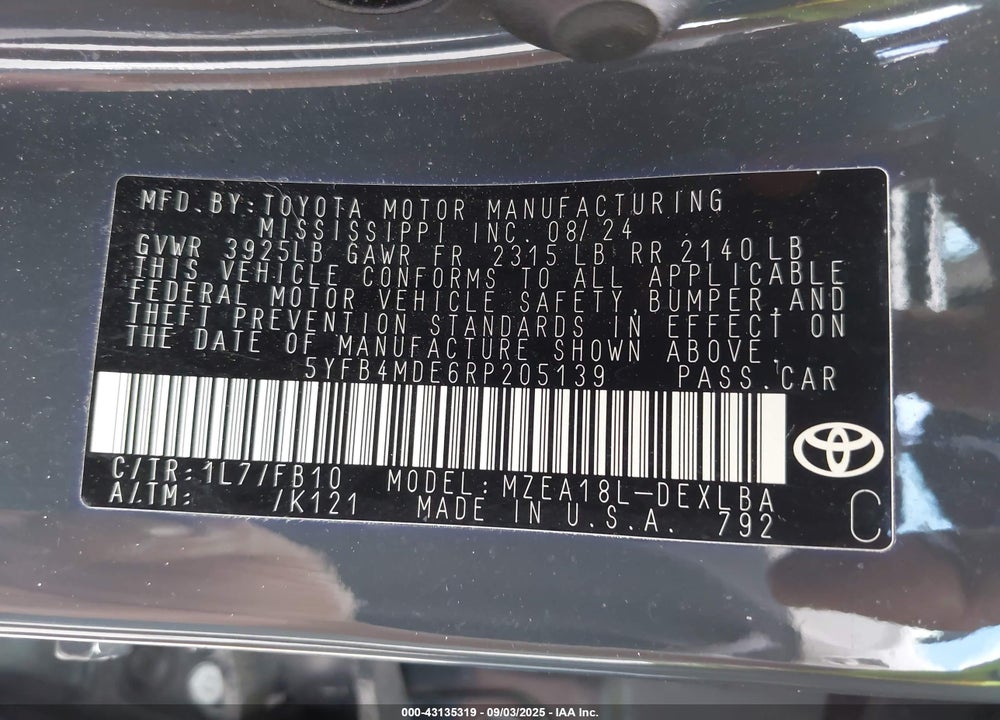 2024 TOYOTA COROLLA LE VIN: 5YFB4MDE6RP205139