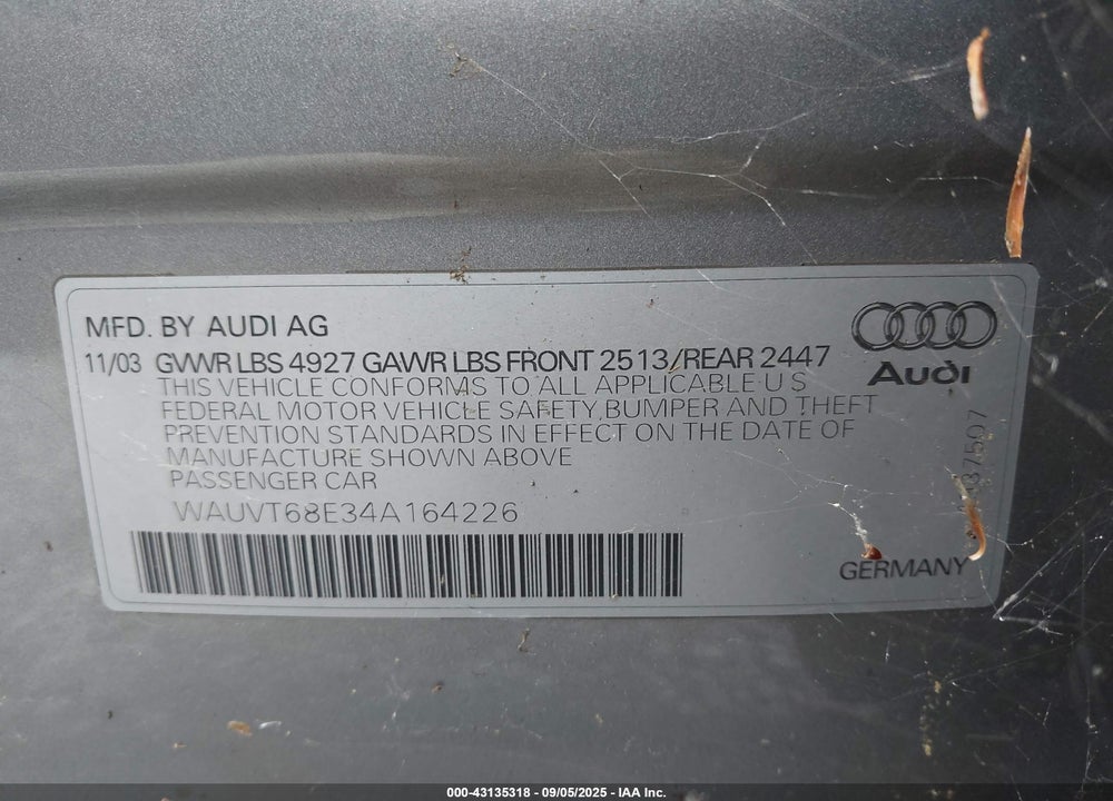 2004 AUDI A4 3.0 AVANT VIN: WAUVT68E34A164226