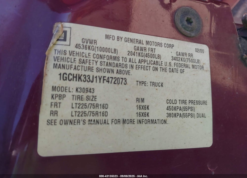 2000 CHEVROLET K3500 VIN: 1GCHK33J1YF472073