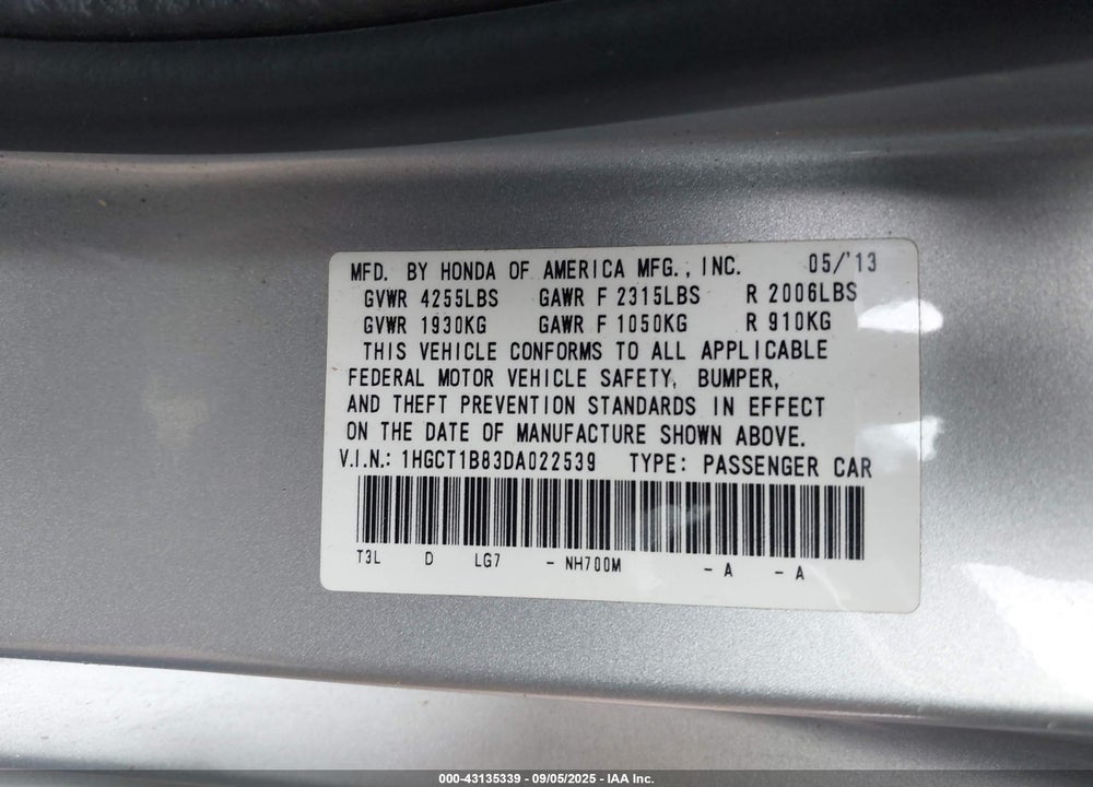 2013 HONDA ACCORD VIN: 1HGCT1B83DA022539