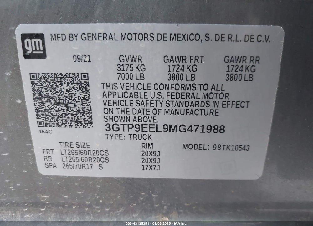 2021 GMC SIERRA 1500 VIN: 3GTP9EEL9MG471988
