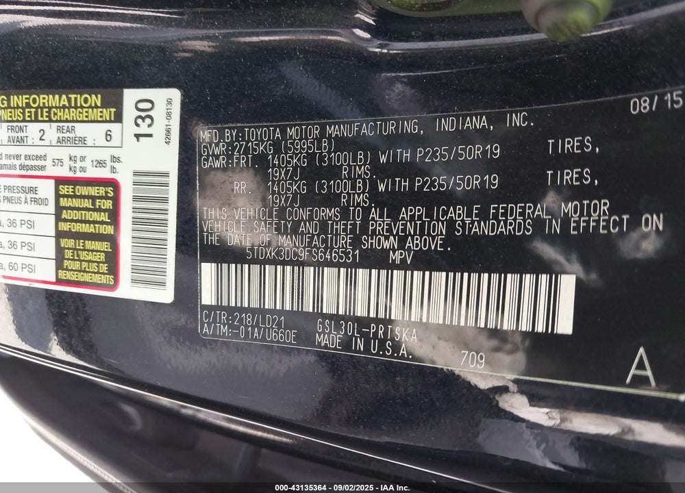 2015 TOYOTA SIENNA SE PREMIUM 8 PASSENGER VIN: 5TDXK3DC9FS646531