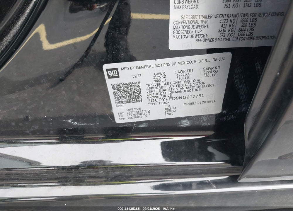 2022 CHEVROLET SILVERADO 1500 VIN: 3GCPYFED9NG217751