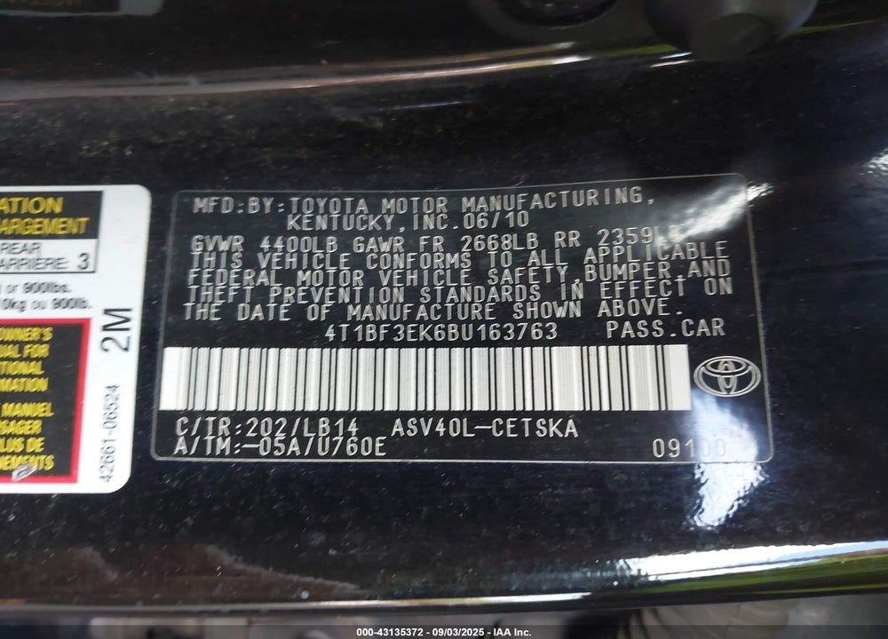 2011 TOYOTA CAMRY VIN: 4T1BF3EK6BU163763