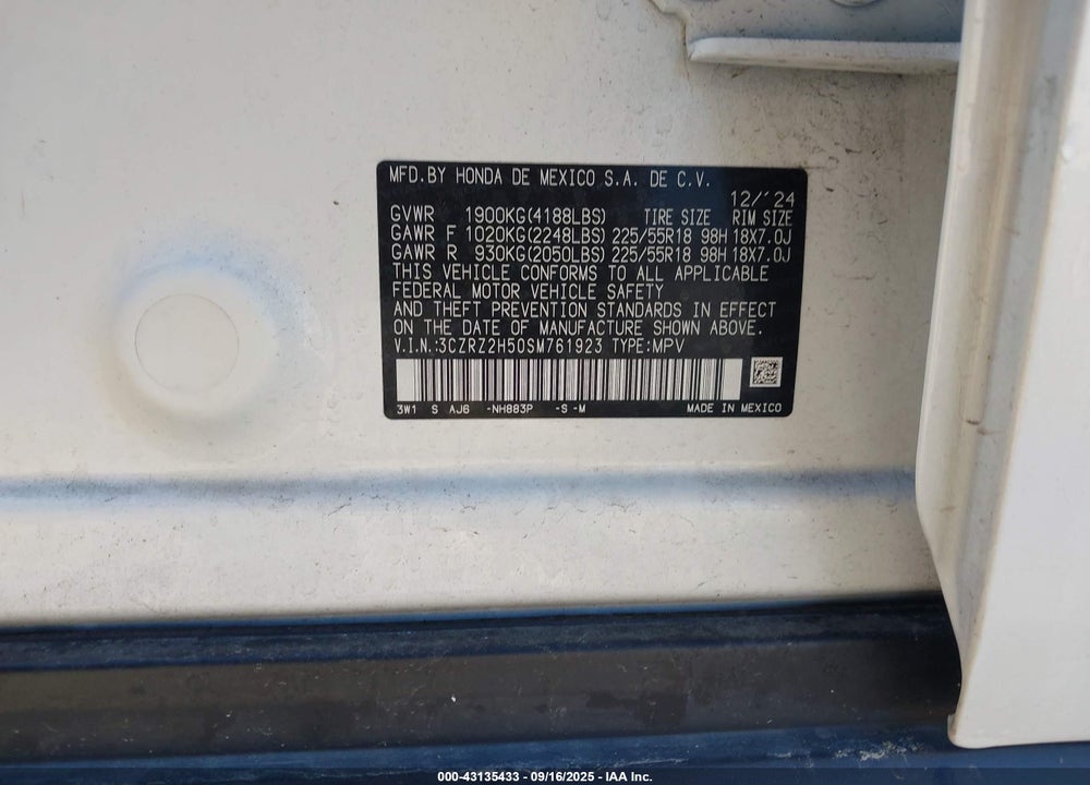 2025 HONDA HR-V VIN: 3CZRZ2H50SM761923