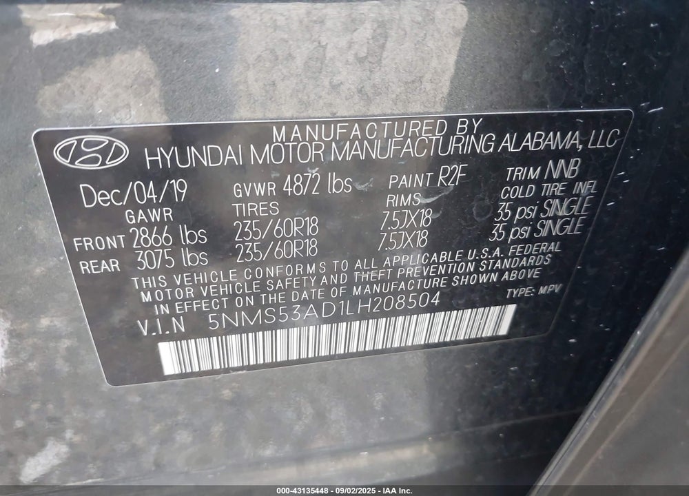 2020 HYUNDAI SANTA FE LIMITED VIN: 5NMS53AD1LH208504