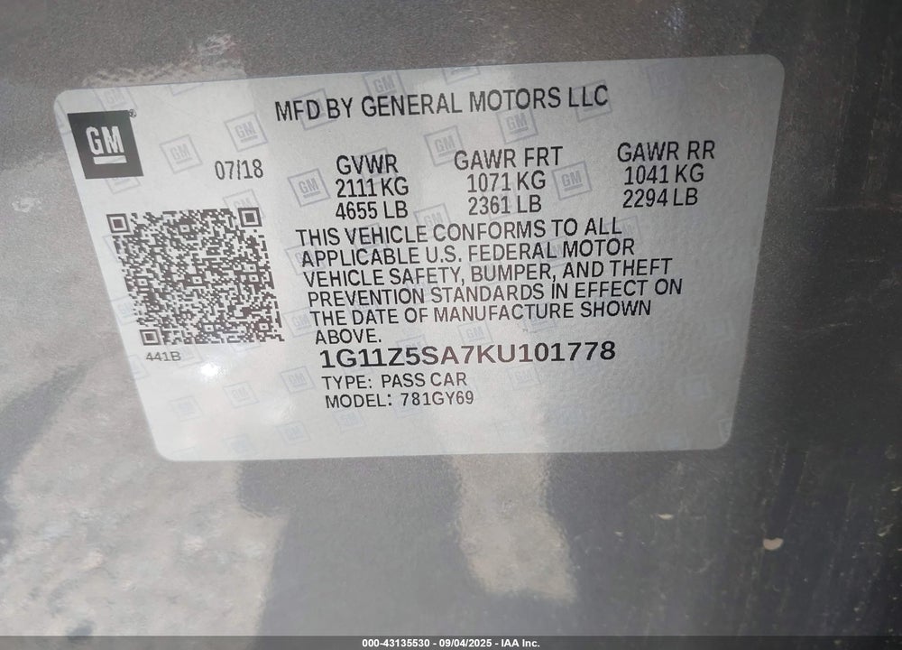 2019 CHEVROLET IMPALA LT VIN: 1G11Z5SA7KU101778
