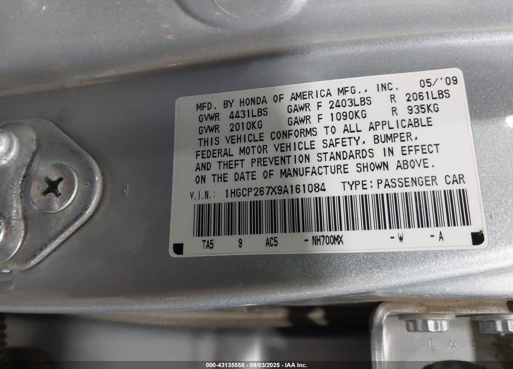 2009 HONDA ACCORD VIN: 1HGCP267X9A161084